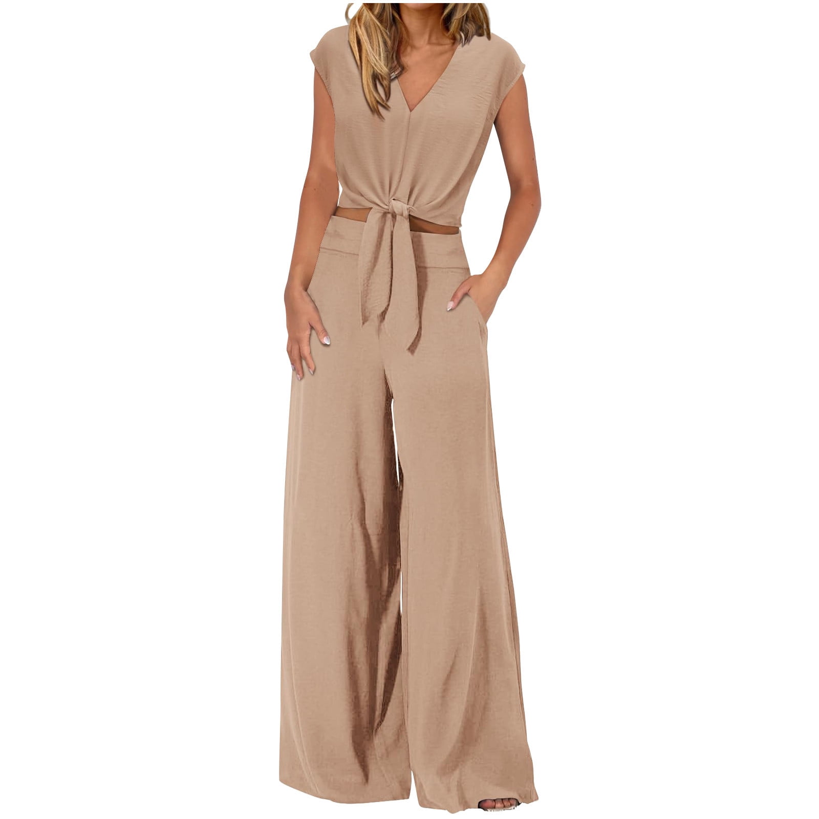 Flattering Plus Size 2-Piece Set – Lace-Up Crop Top & Wide Leg Pants-blumpark