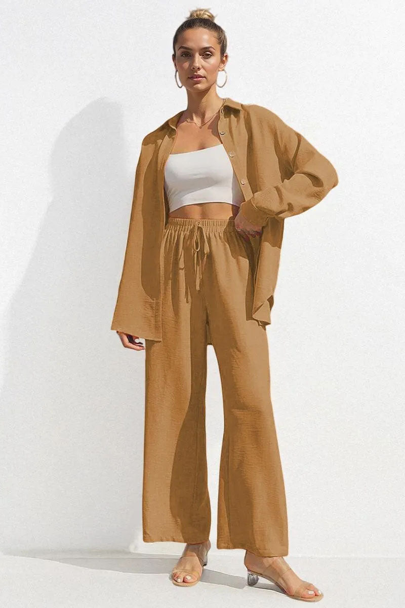 Basic Collared Long Sleeve Shirt & Drawstring Waist Trousers Co-ord-blumpark