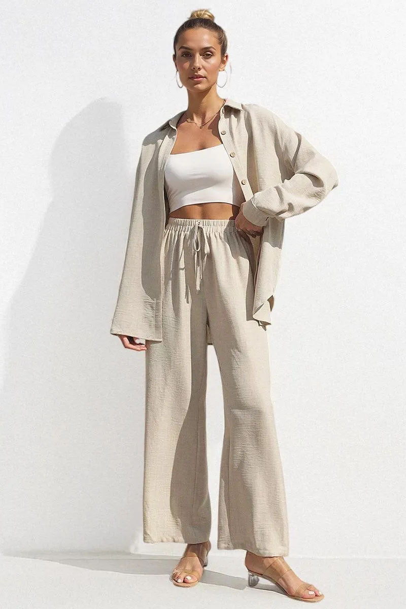 Basic Collared Long Sleeve Shirt & Drawstring Waist Trousers Co-ord-blumpark