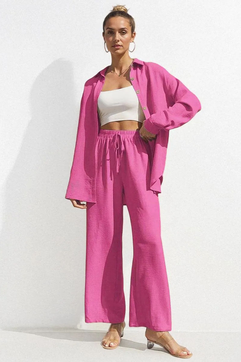 Basic Collared Long Sleeve Shirt & Drawstring Waist Trousers Co-ord-blumpark