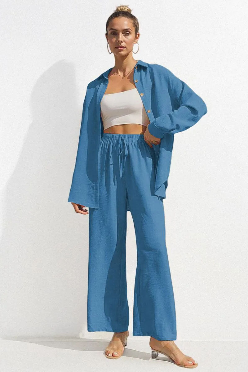 Basic Collared Long Sleeve Shirt & Drawstring Waist Trousers Co-ord-blumpark