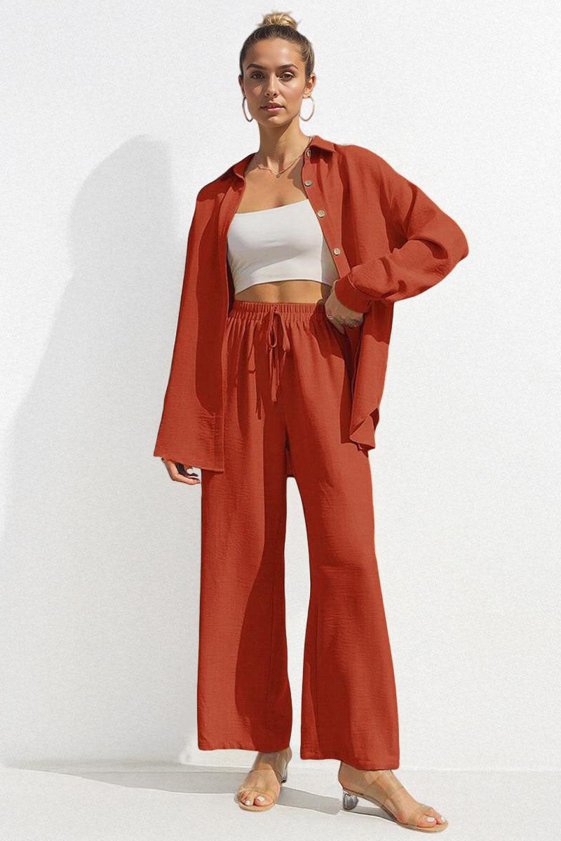Basic Collared Long Sleeve Shirt & Drawstring Waist Trousers Co-ord-blumpark