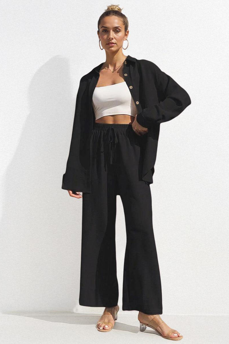 Basic Collared Long Sleeve Shirt & Drawstring Waist Trousers Co-ord-blumpark