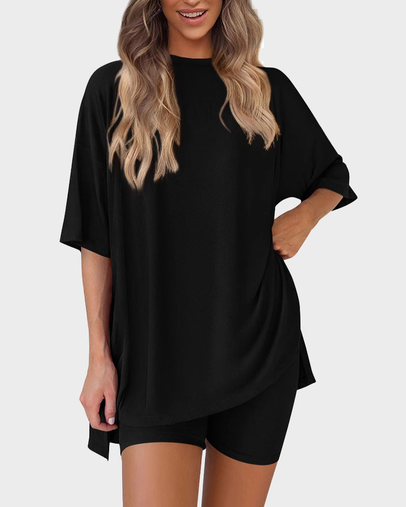 Casual 2-Piece Loungewear Set Oversized Split Hem Top & Fitted Shorts-blumpark