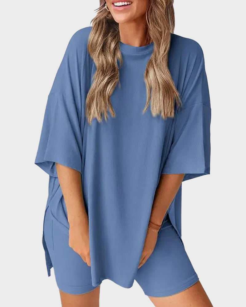 Casual 2-Piece Loungewear Set Oversized Split Hem Top & Fitted Shorts-blumpark