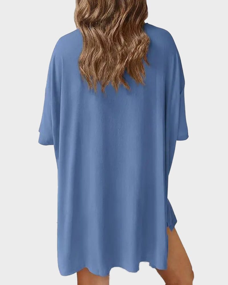 Casual 2-Piece Loungewear Set Oversized Split Hem Top & Fitted Shorts-blumpark