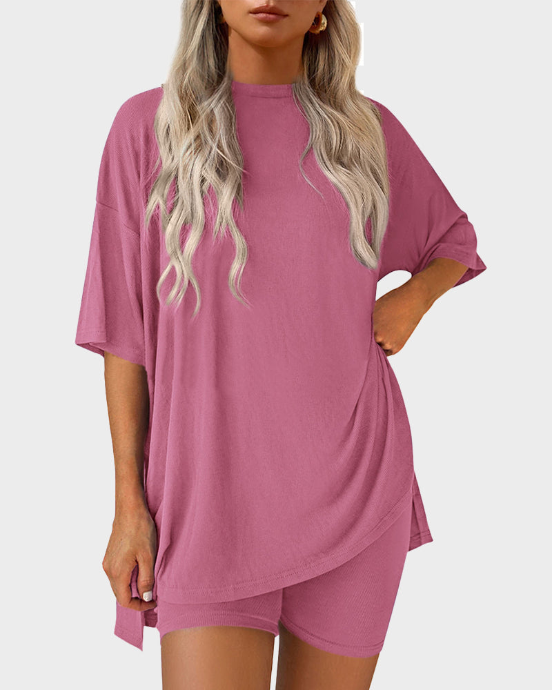 Casual 2-Piece Loungewear Set Oversized Split Hem Top & Fitted Shorts-blumpark