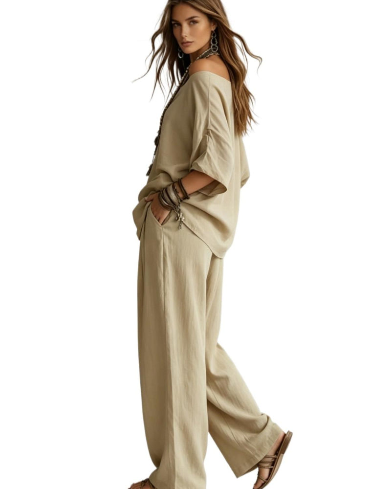 Summer Linen Set Relaxed Fit Top & Wide-Leg Pants Effortless Casual Wear-blumpark