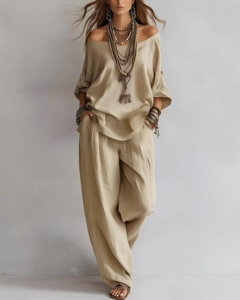 Summer Linen Set Relaxed Fit Top & Wide-Leg Pants Effortless Casual Wear-blumpark