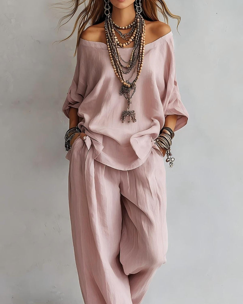 Summer Linen Set Relaxed Fit Top & Wide-Leg Pants Effortless Casual Wear-blumpark