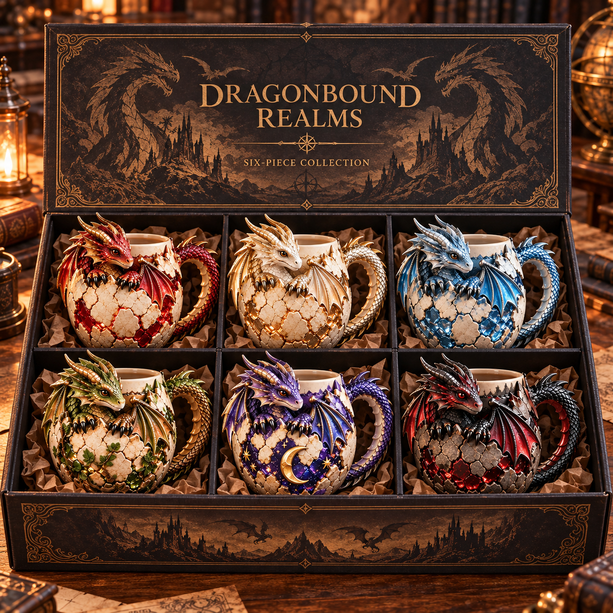 ⏳ Last Day 50% OFF – 🐉 Dragonbound RealmsTM Sculpted Dragon Mug Collection | 6 Fantasy Realm Designs with Raised 3D Dragon Details ☕