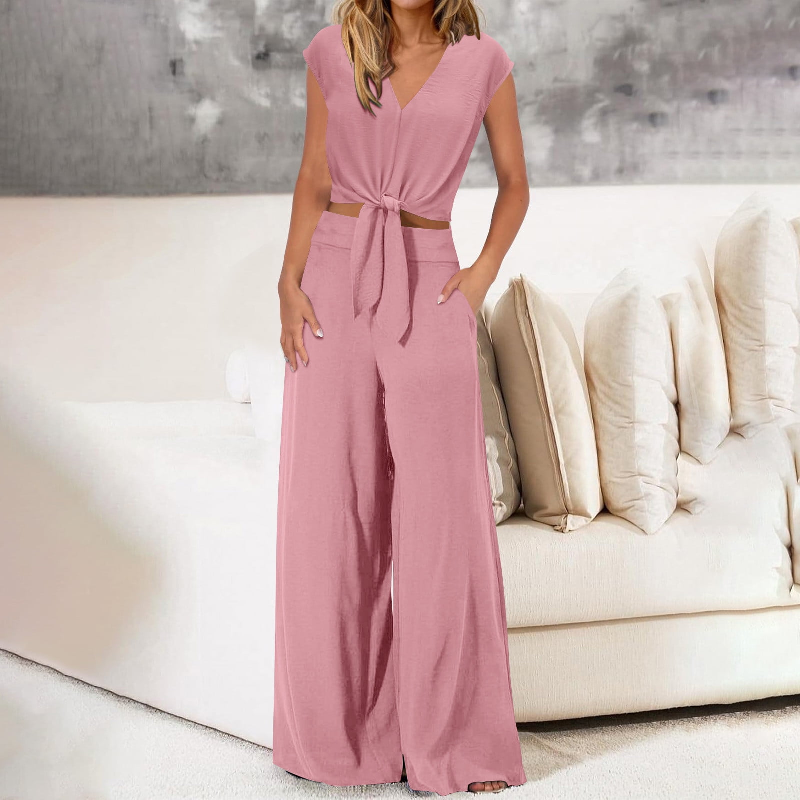 Flattering Plus Size 2-Piece Set – Lace-Up Crop Top & Wide Leg Pants-blumpark