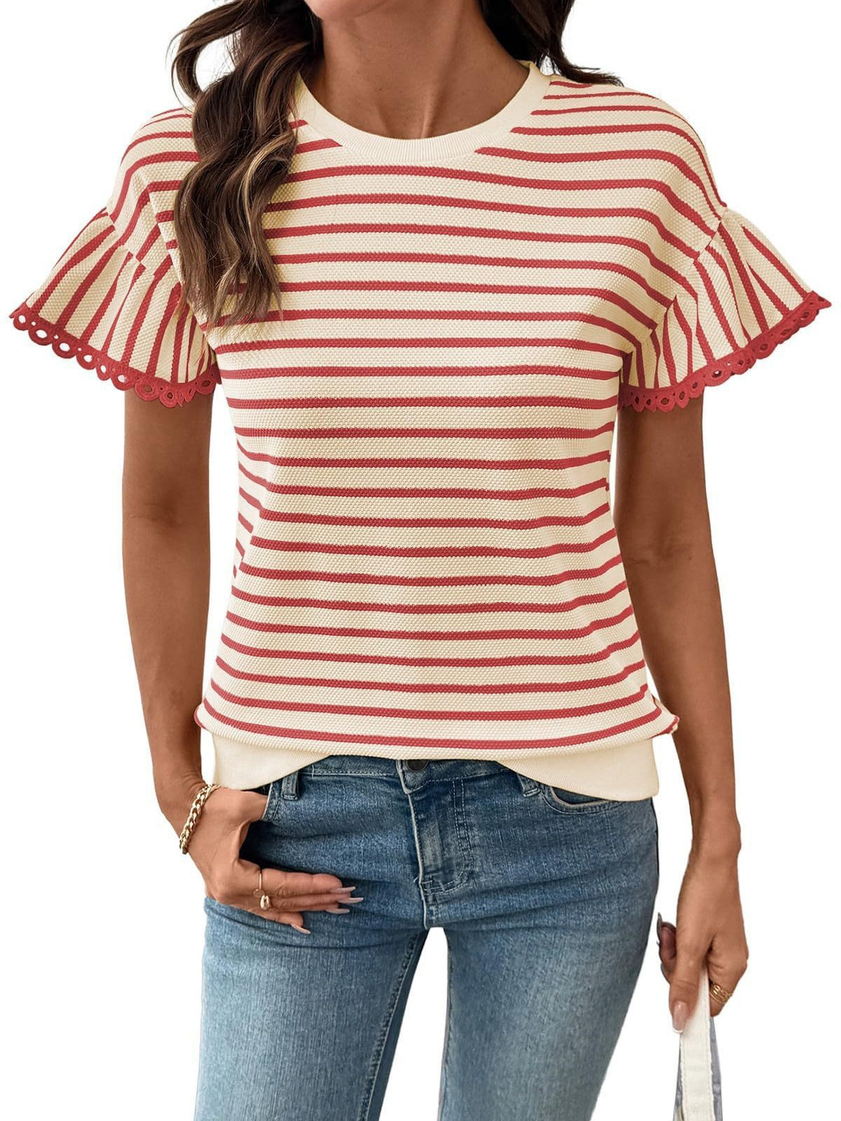2026 Women’s Striped Lace Trim Ruffle Top-blumpark
