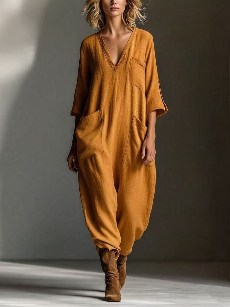 Oversized Linen-look Cotton V-neck Harem Jumpsuit-blumpark