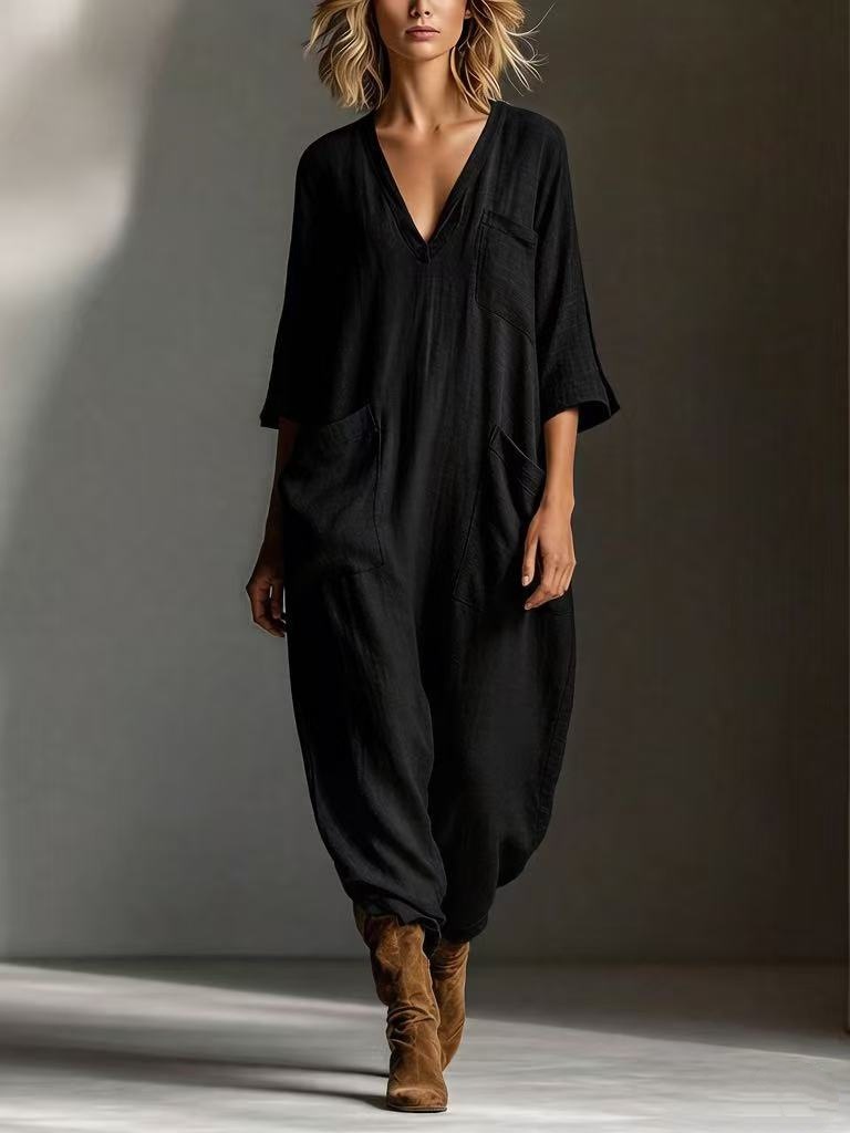 Oversized Linen-look Cotton V-neck Harem Jumpsuit-blumpark