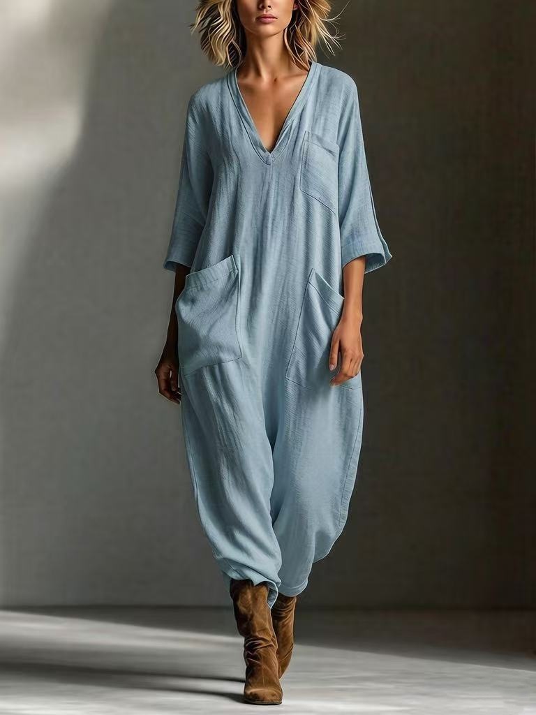 Oversized Linen-look Cotton V-neck Harem Jumpsuit-blumpark