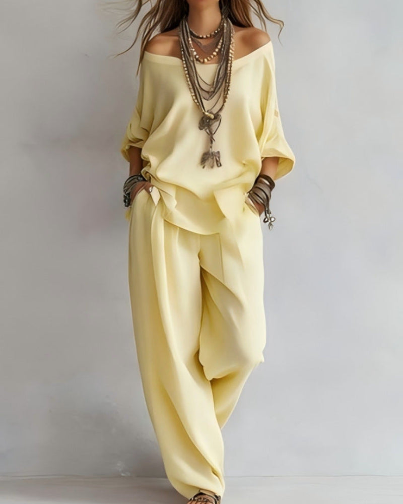 Summer Linen Set Relaxed Fit Top & Wide-Leg Pants Effortless Casual Wear-blumpark