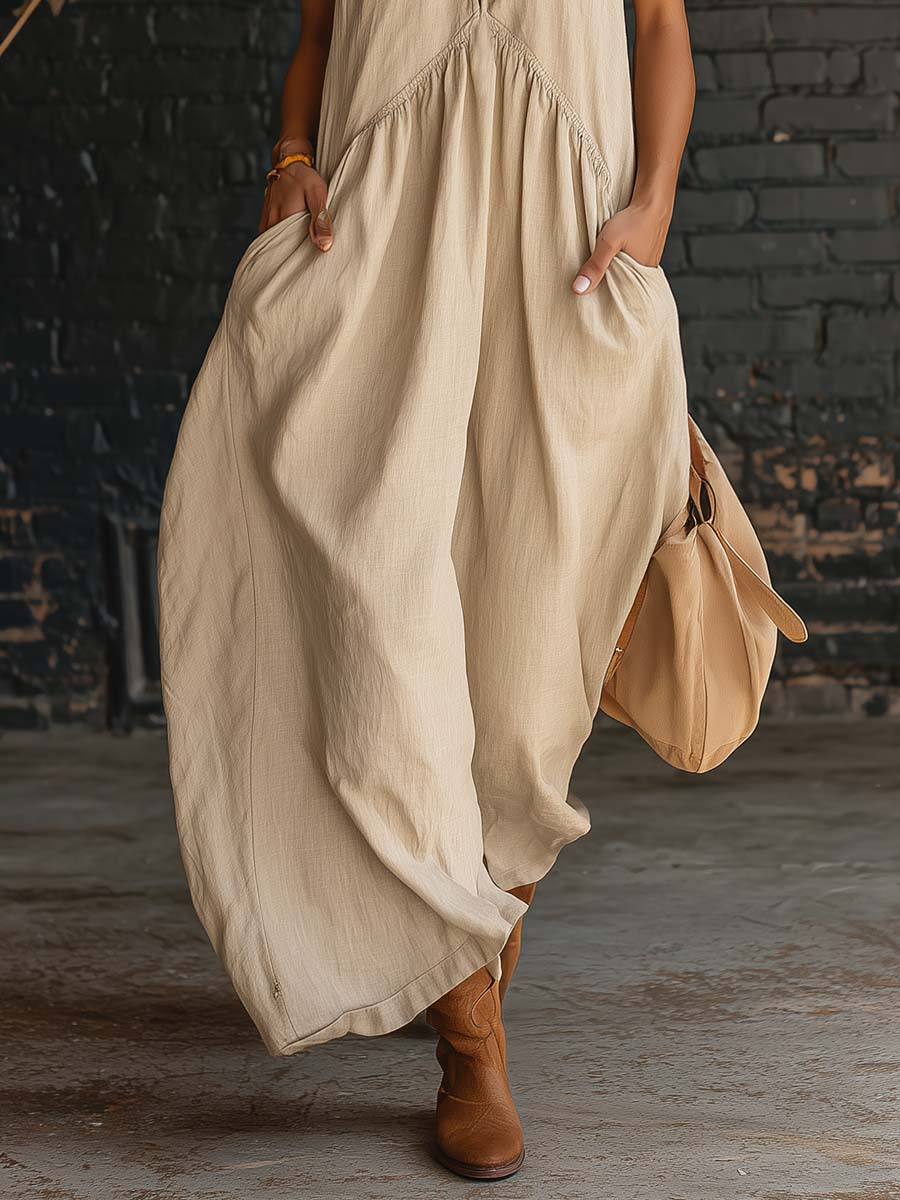 Elegant Resort-style Stand-collar Cotton Dress-blumpark
