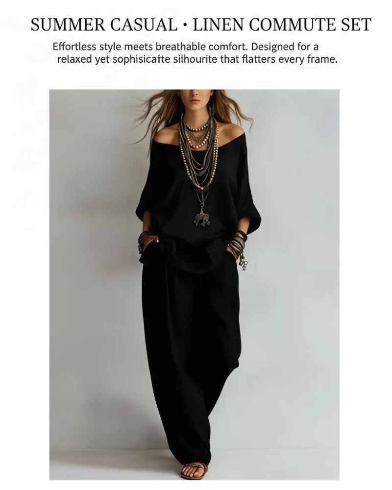 Summer Linen Set Relaxed Fit Top & Wide-Leg Pants Effortless Casual Wear-blumpark