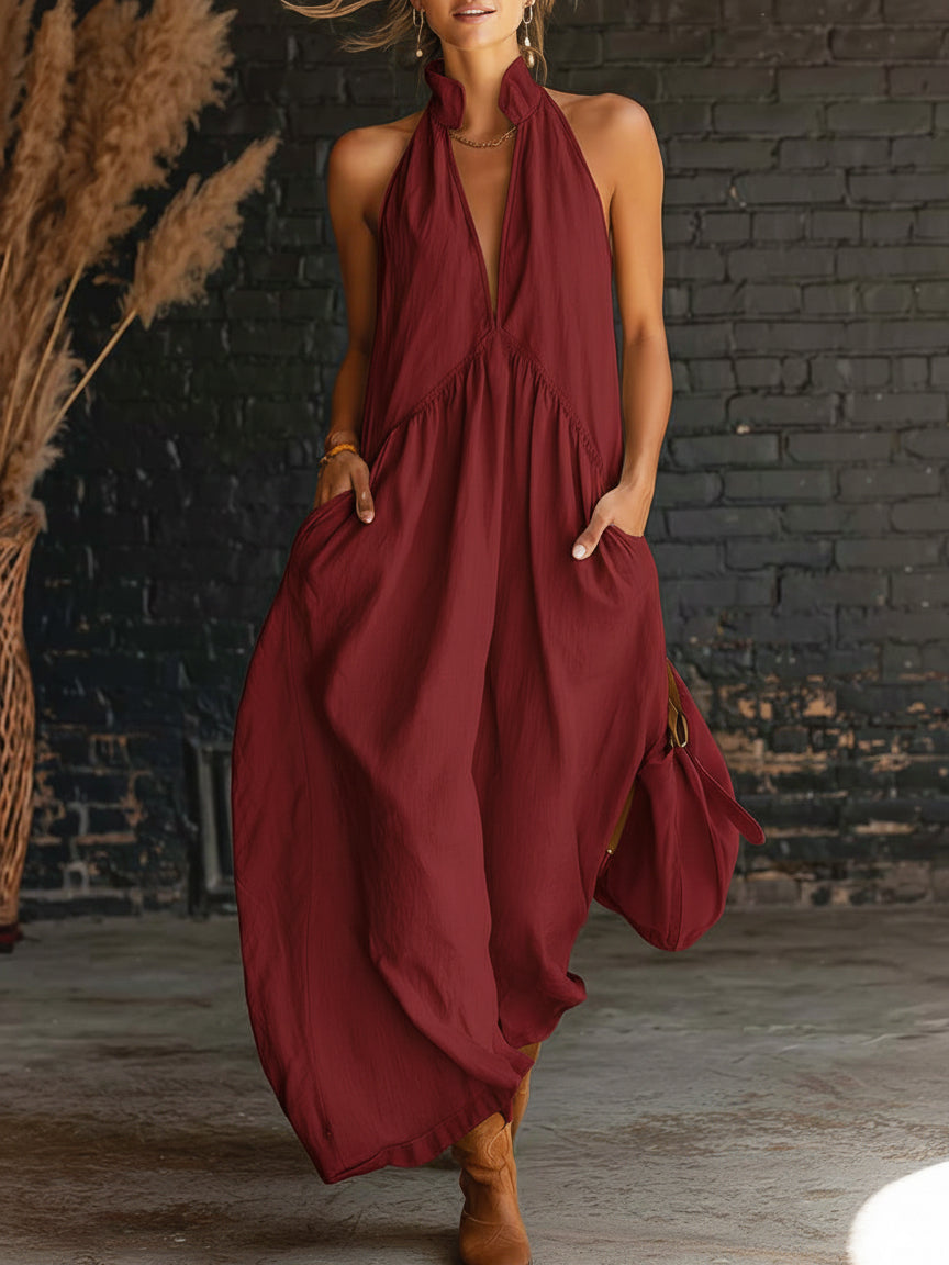 Elegant Resort-style Stand-collar Cotton Dress-blumpark