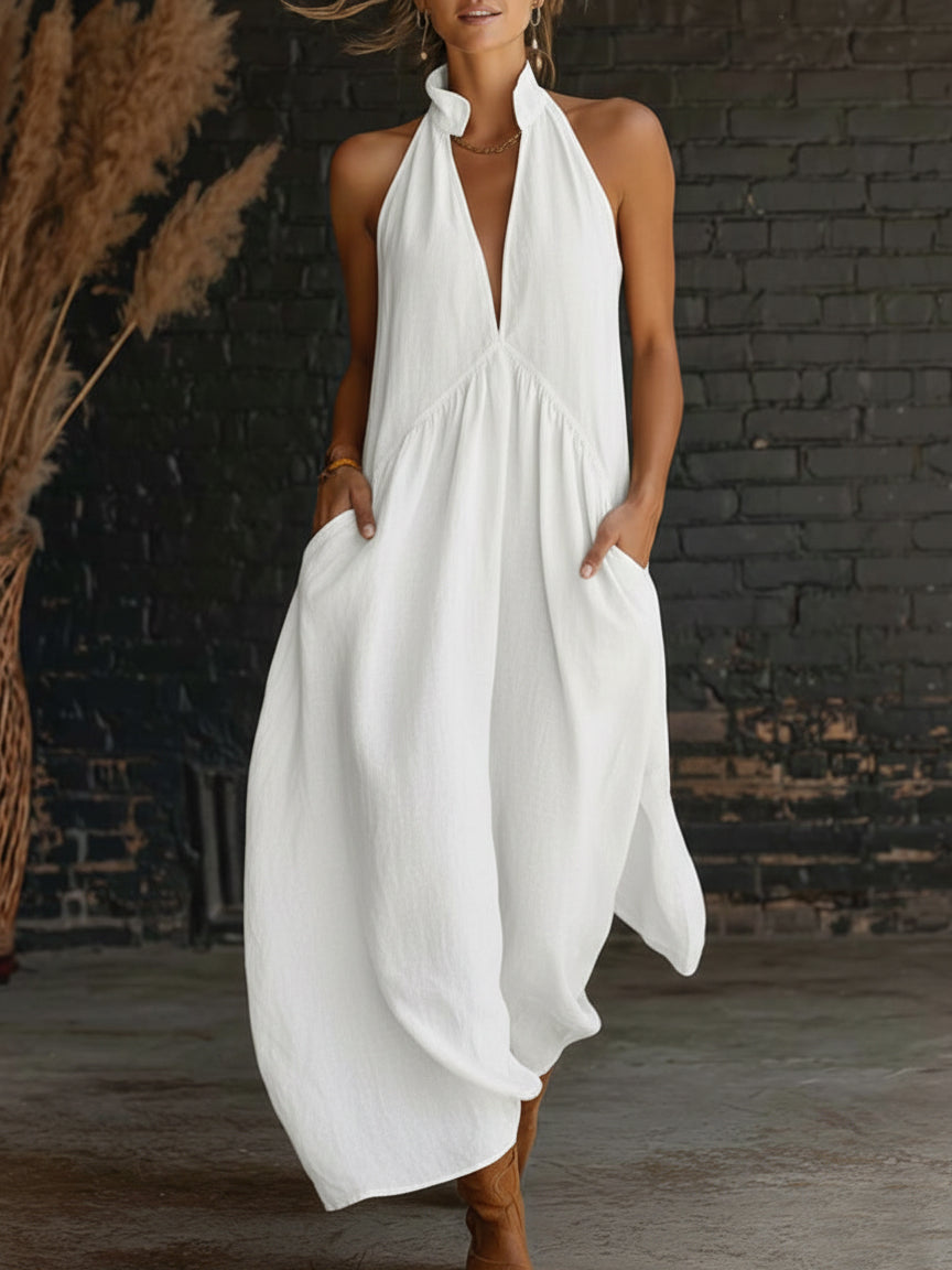 Elegant Resort-style Stand-collar Cotton Dress-blumpark