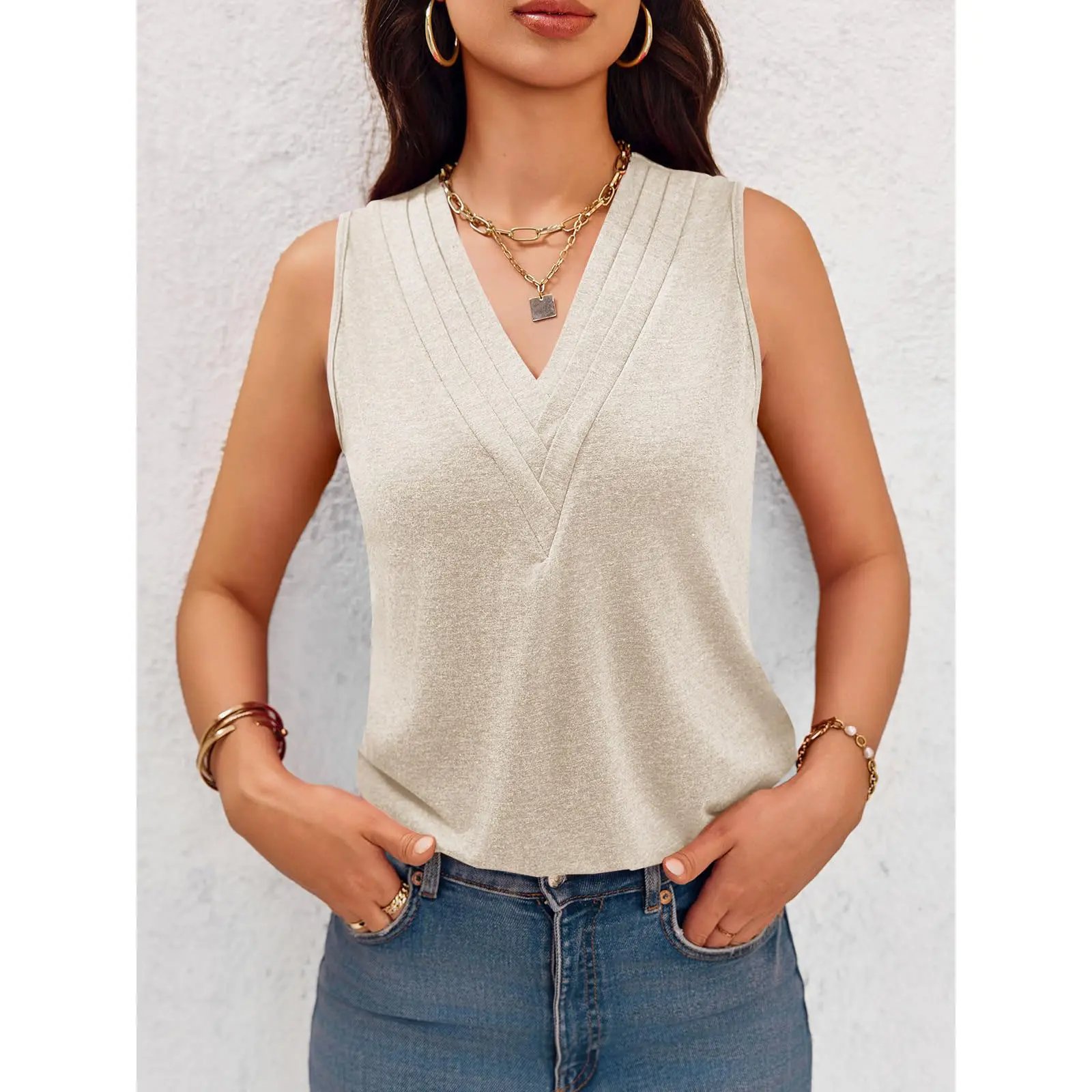🎁✨Women V Neck Tank Tops Dressy Casual Summer Loose Fit Sleeveless Shirts Blouse Comfy Womenswear Soft Basic-blumpark