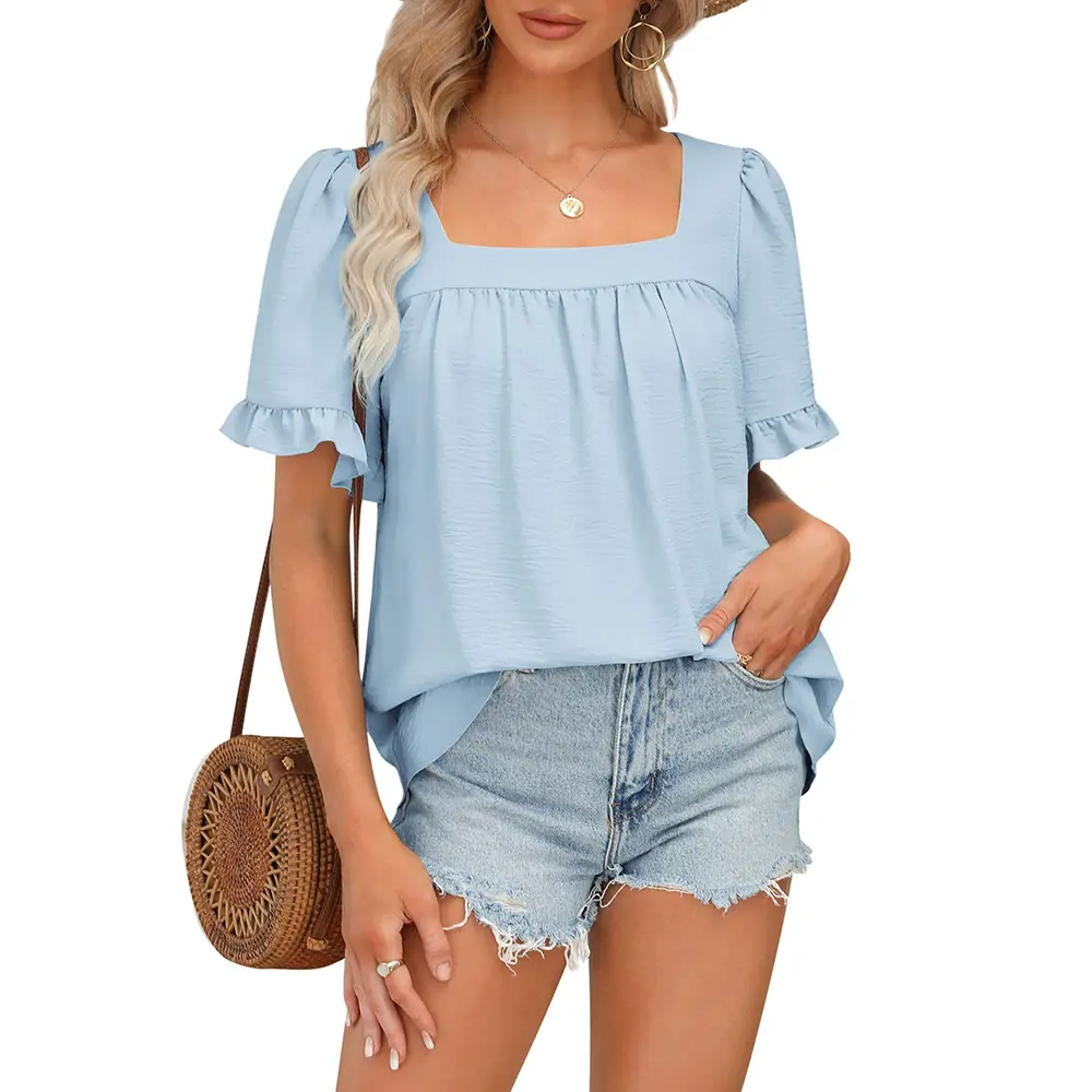 Women's Square Neck Peplum Top with Whimsical Ruffle Sleeves-blumpark