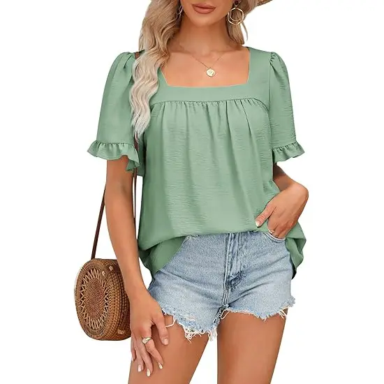 Women's Square Neck Peplum Top with Whimsical Ruffle Sleeves-blumpark