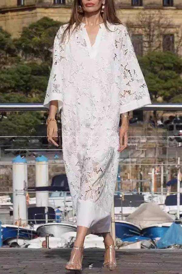 Lace V-neck Loose Maxi Dress-blumpark