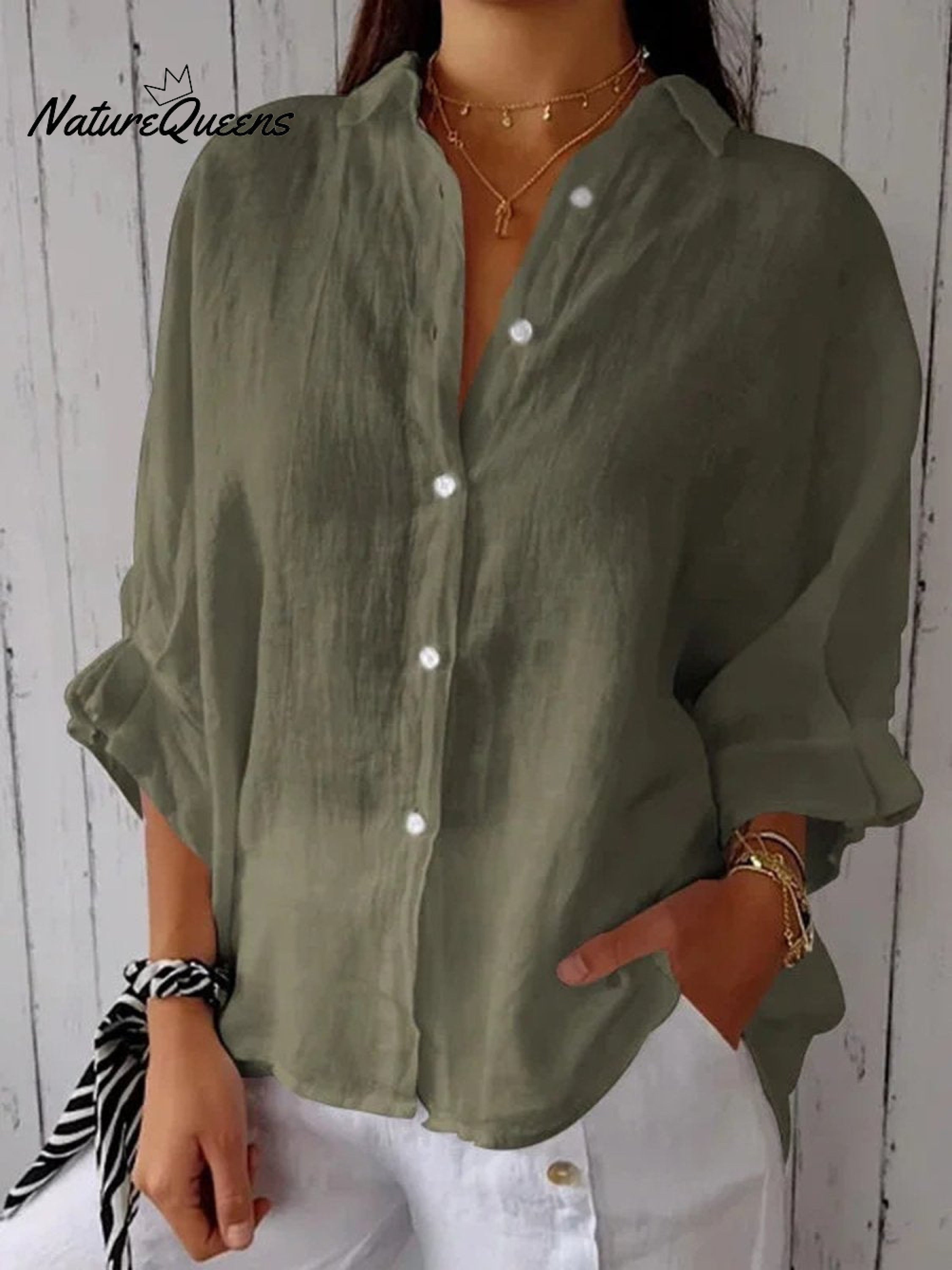 Women's  Cotton & Linen  Casual Tie-back  Shirt-blumpark