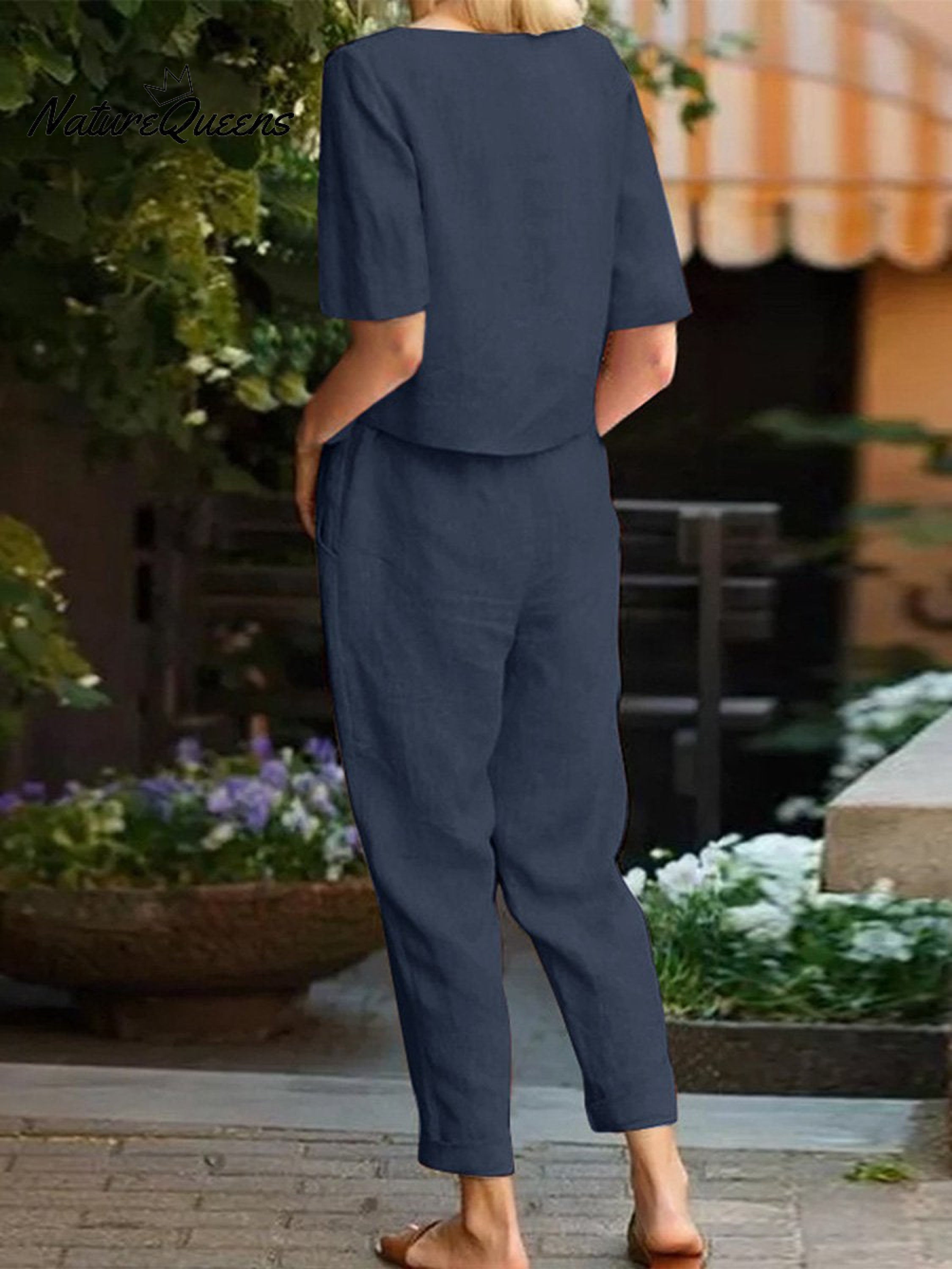 Cotton and Linen Summer Half-Sleeve Oversized Homewear Suit-blumpark