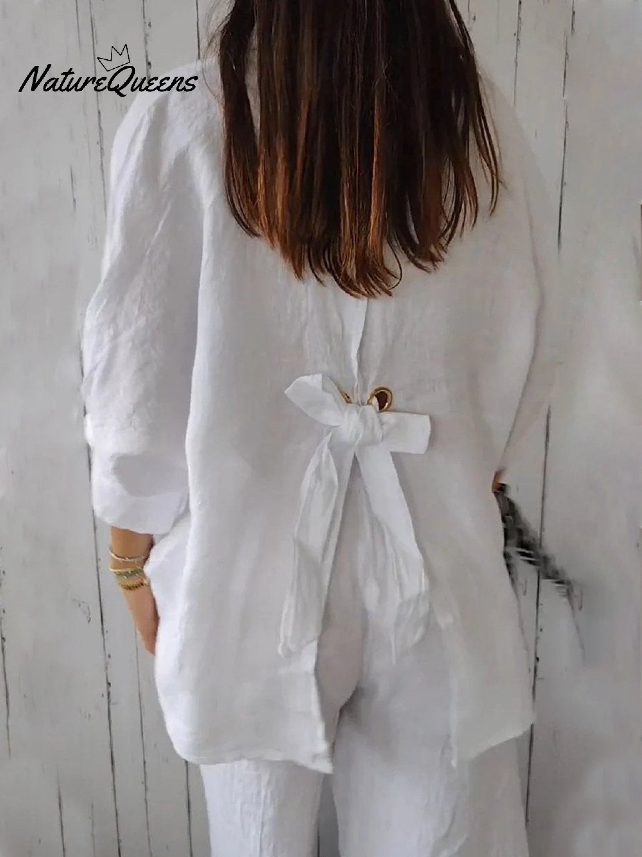 Women's  Cotton & Linen  Casual Tie-back  Shirt-blumpark