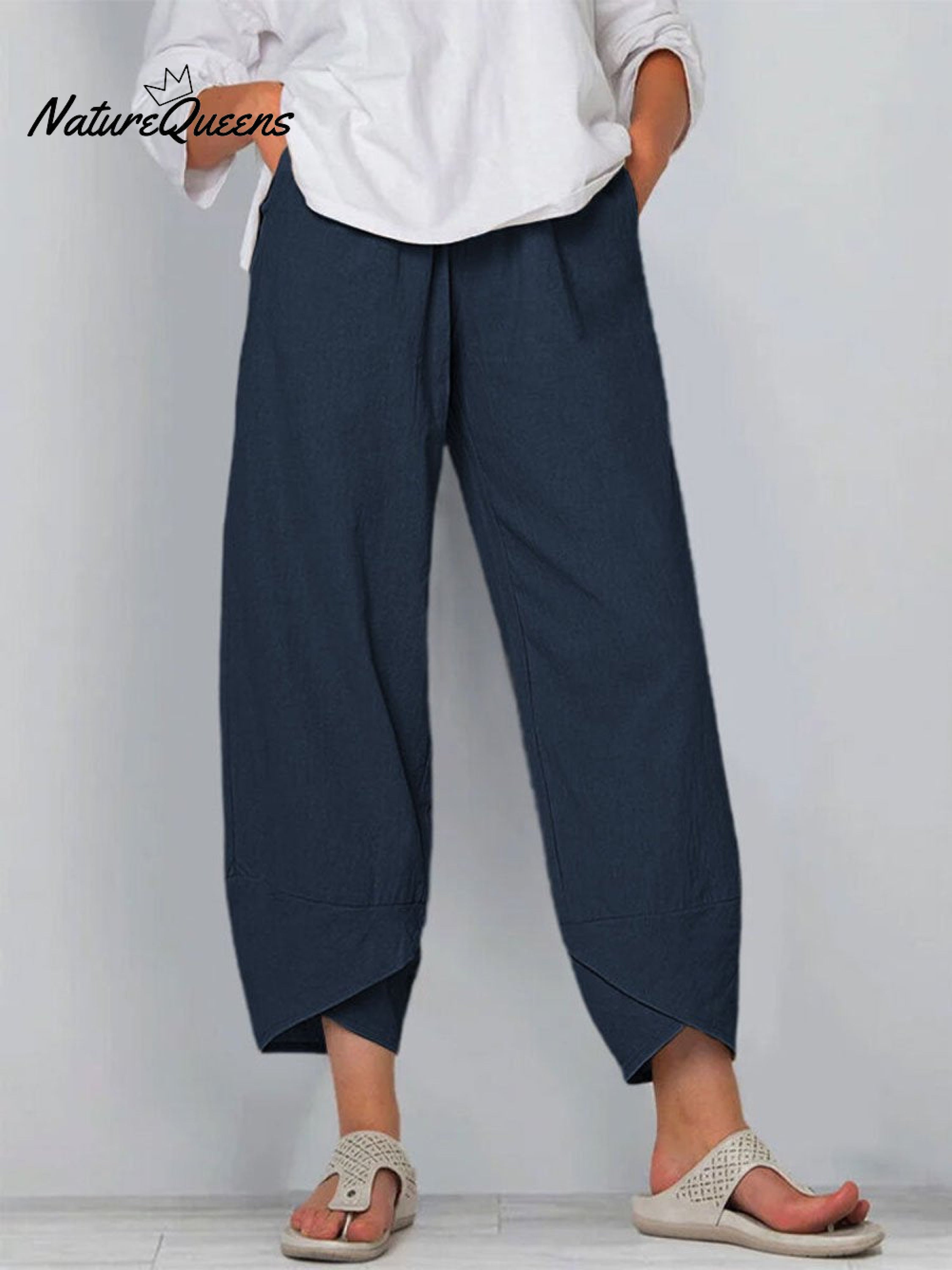 Women's Solid Color Loose Elegant Casual Simple Cotton And Linen Ninth Pants-blumpark