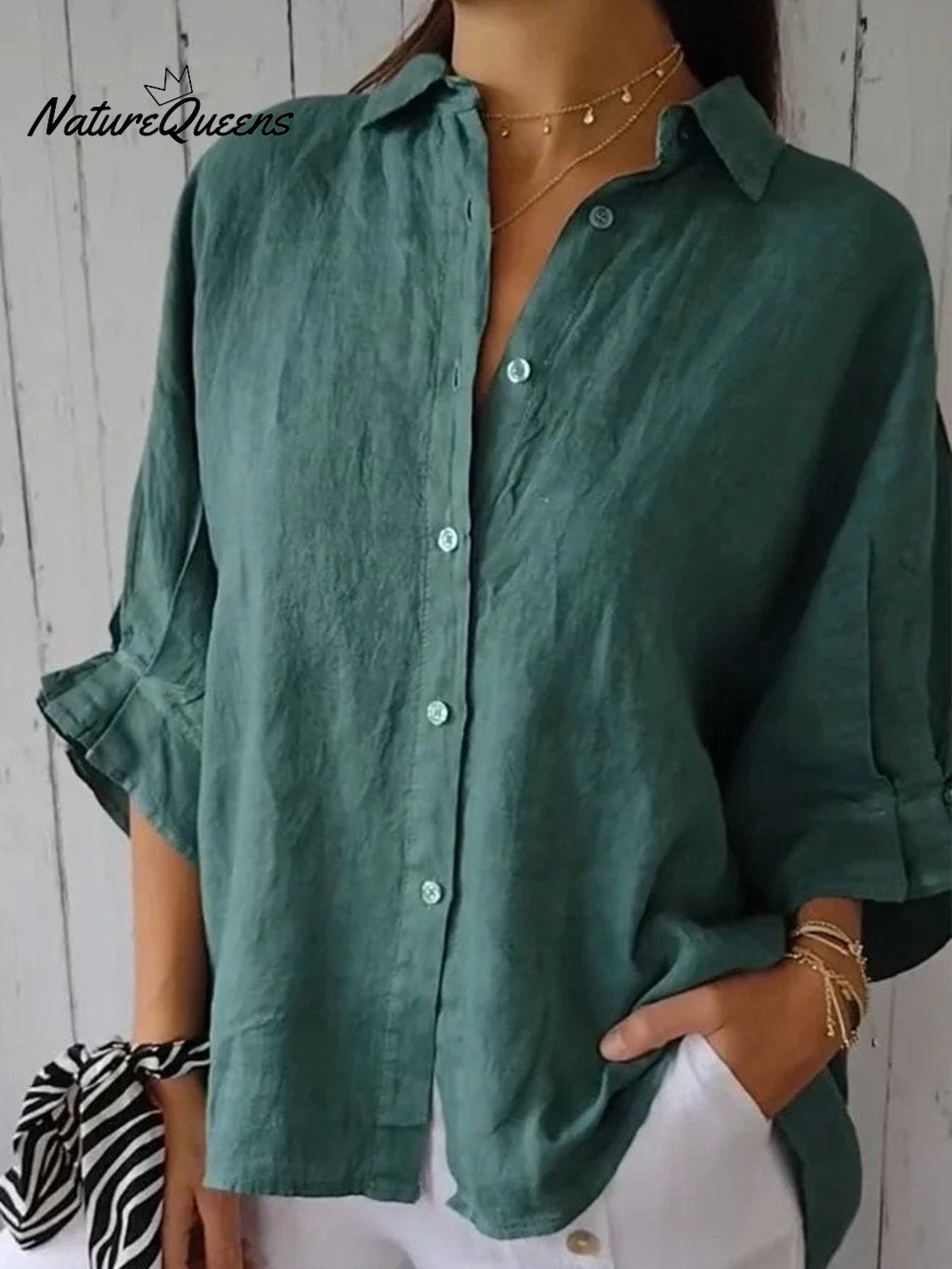 Women's  Cotton & Linen  Casual Tie-back  Shirt-blumpark