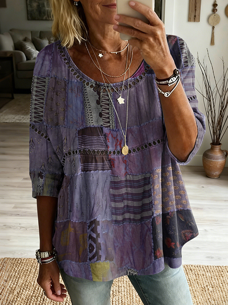Women's Vintage Patchwork Art Print Flowy Linen Blend Casual Tops-blumpark