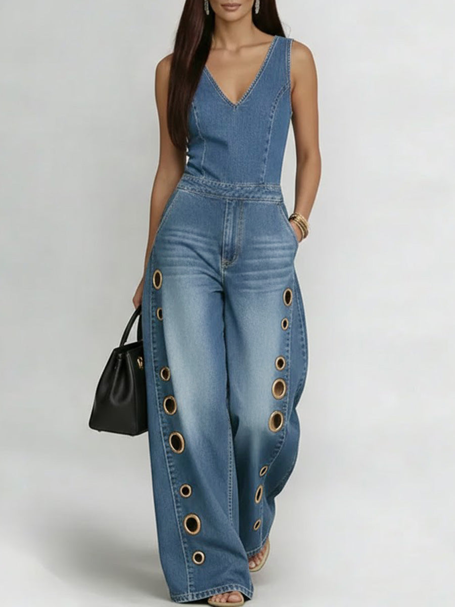 Women's V-neck Sleeveless Casual Loose Denim Wide-leg Jumpsuit-blumpark