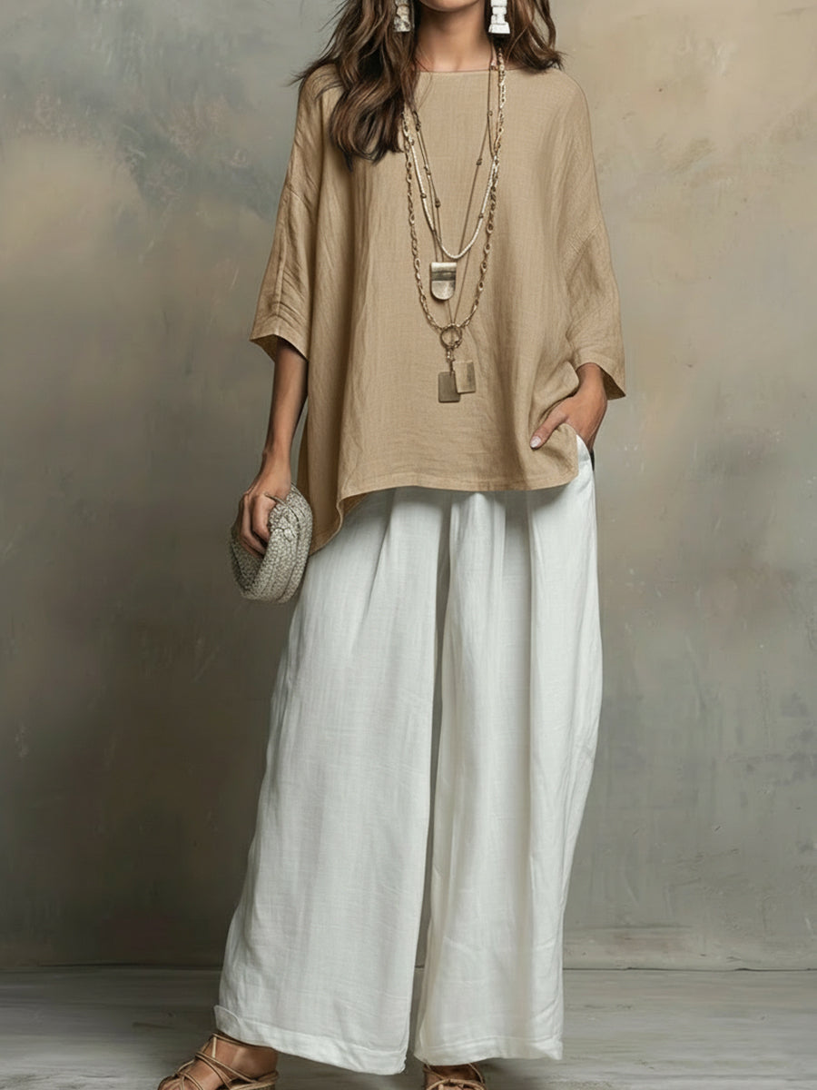 Cozy Cotton-linen Irregular Top And Wide-leg Pants Two-piece Set-blumpark