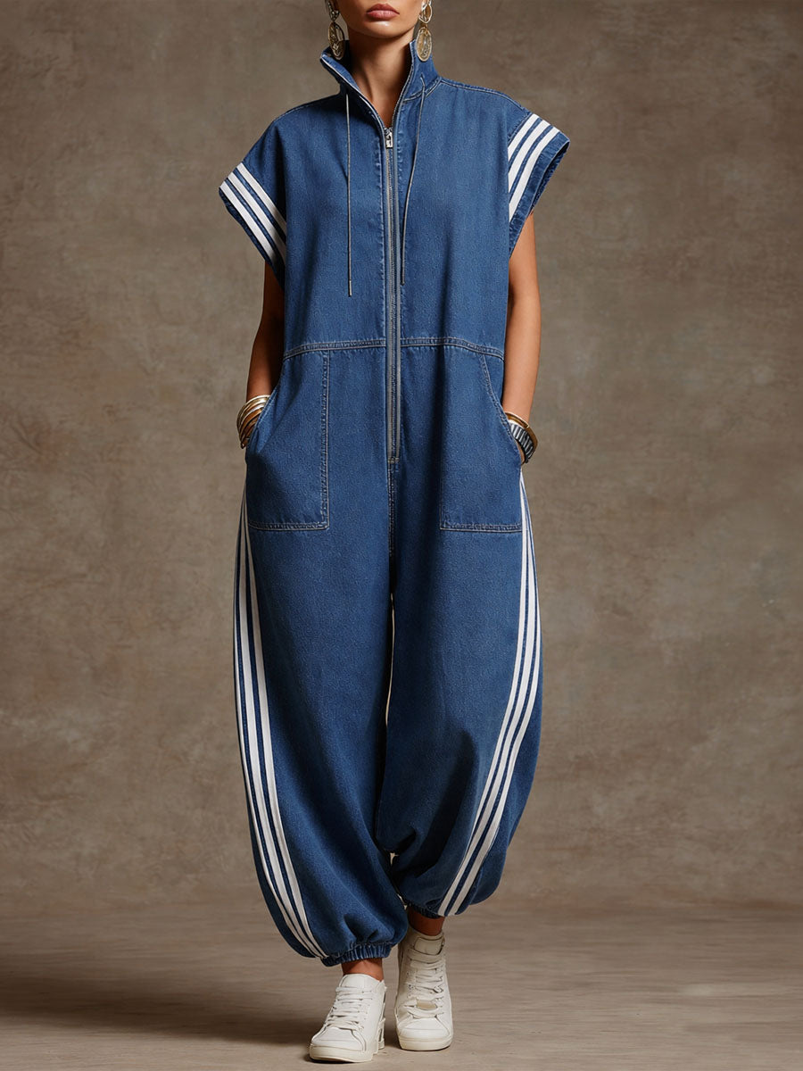 Women's Stand-collar Short-sleeved Casual Loose Denim Wide-leg Jumpsuit-blumpark