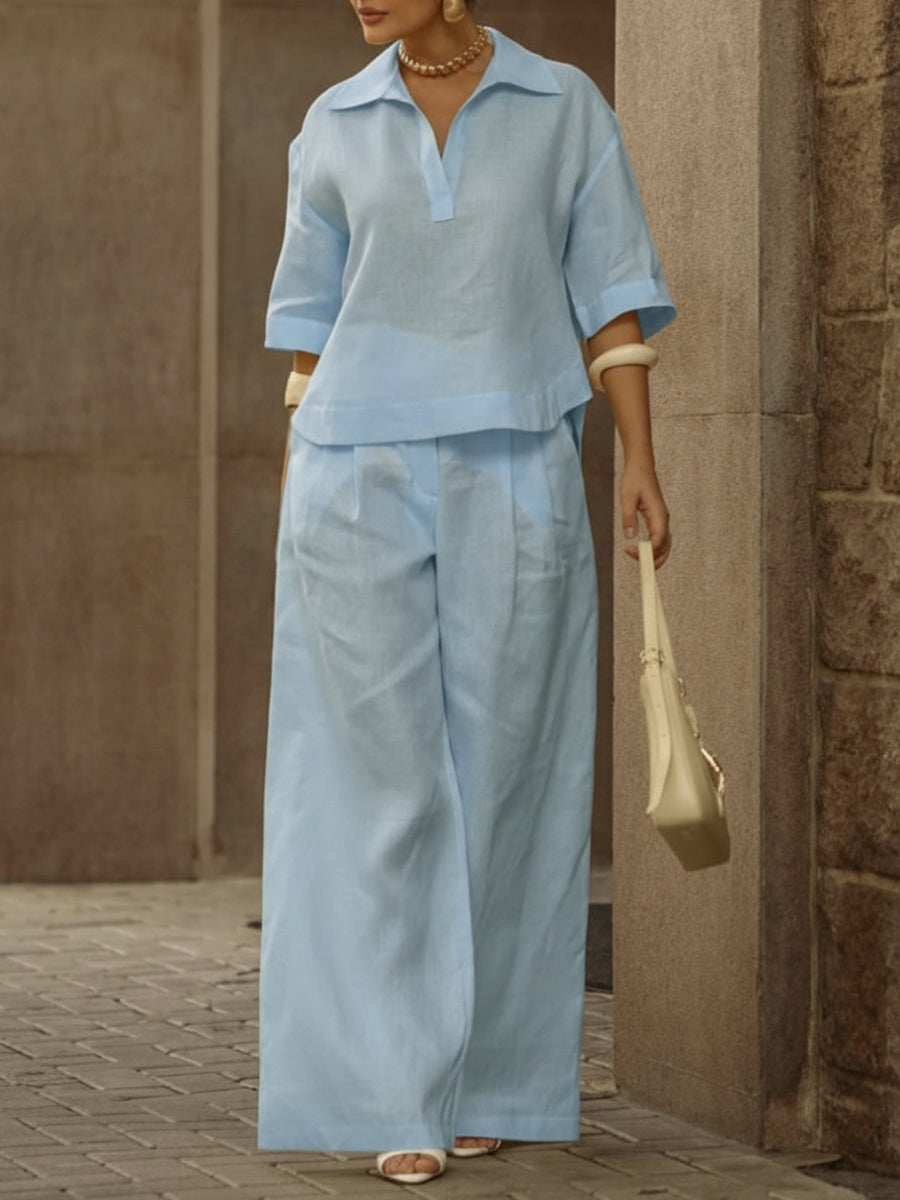 Women's Casual Linen And Cotton Shirt And Wide-leg Pants Two-piece Set-blumpark