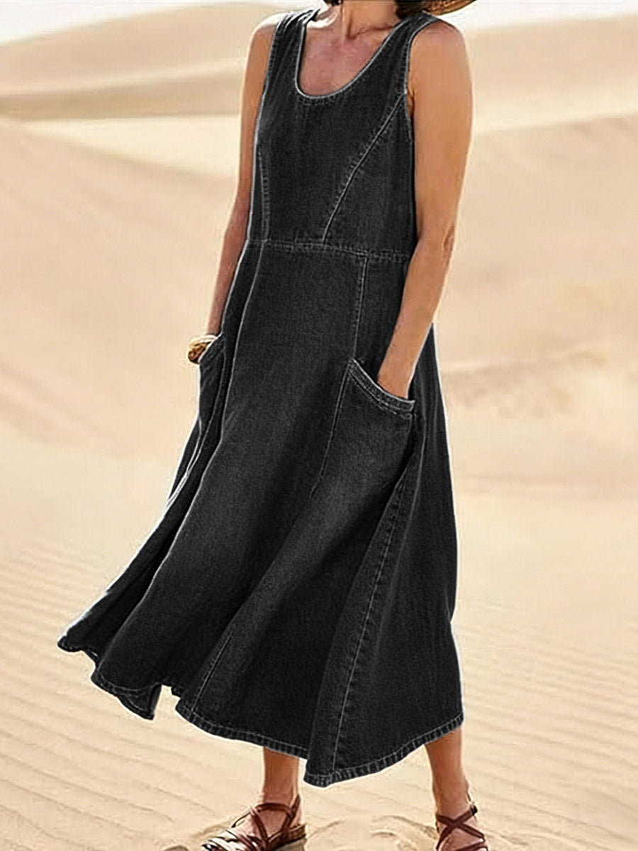 Women's Round Neck Sleeveless Casual Loose Denim Vest Dress-blumpark
