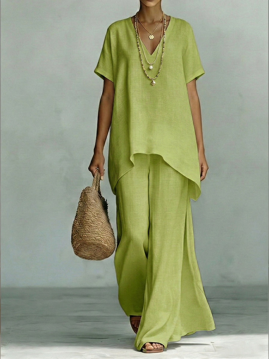 Classic Casual Short-sleeved Linen And Cotton Top And Wide-leg Pants Two-piece Set-blumpark