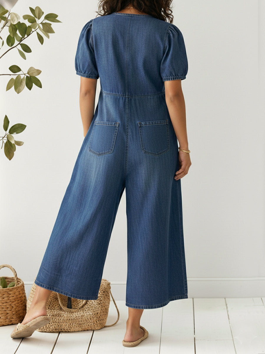 Women's Casual Loose Short-sleeved V-neck Denim Jumpsuit-blumpark