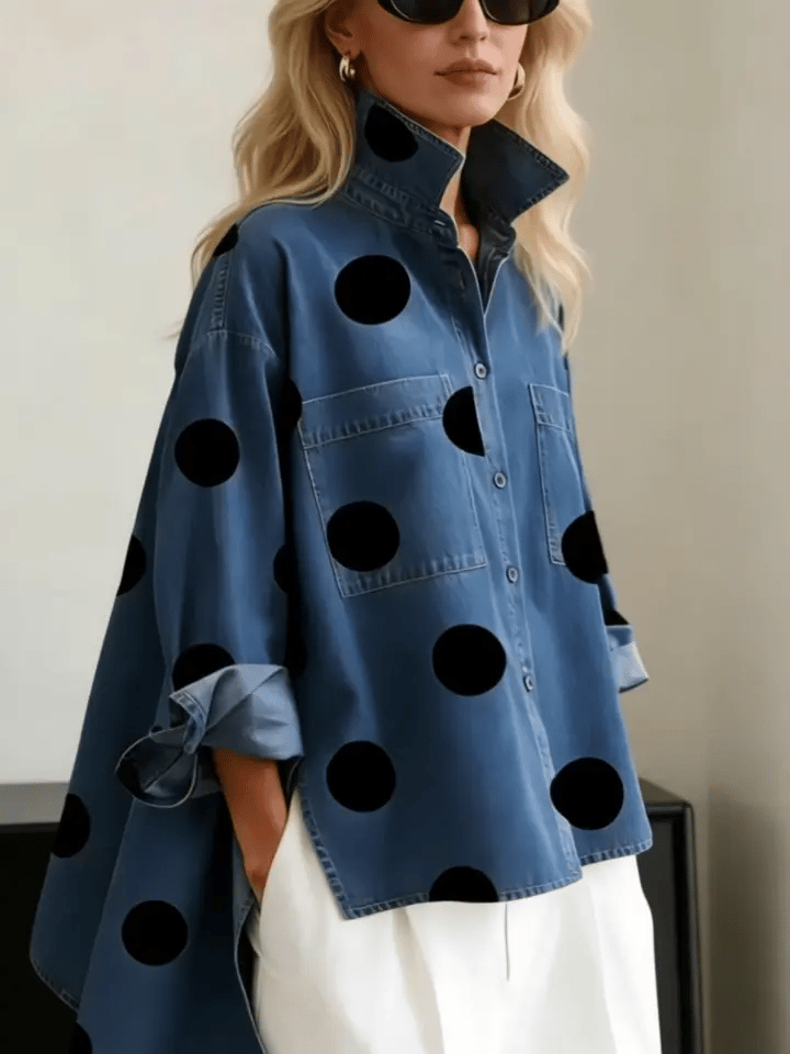 Elegant Artistic Polka Dot Print Stand-collar Denim Top-blumpark