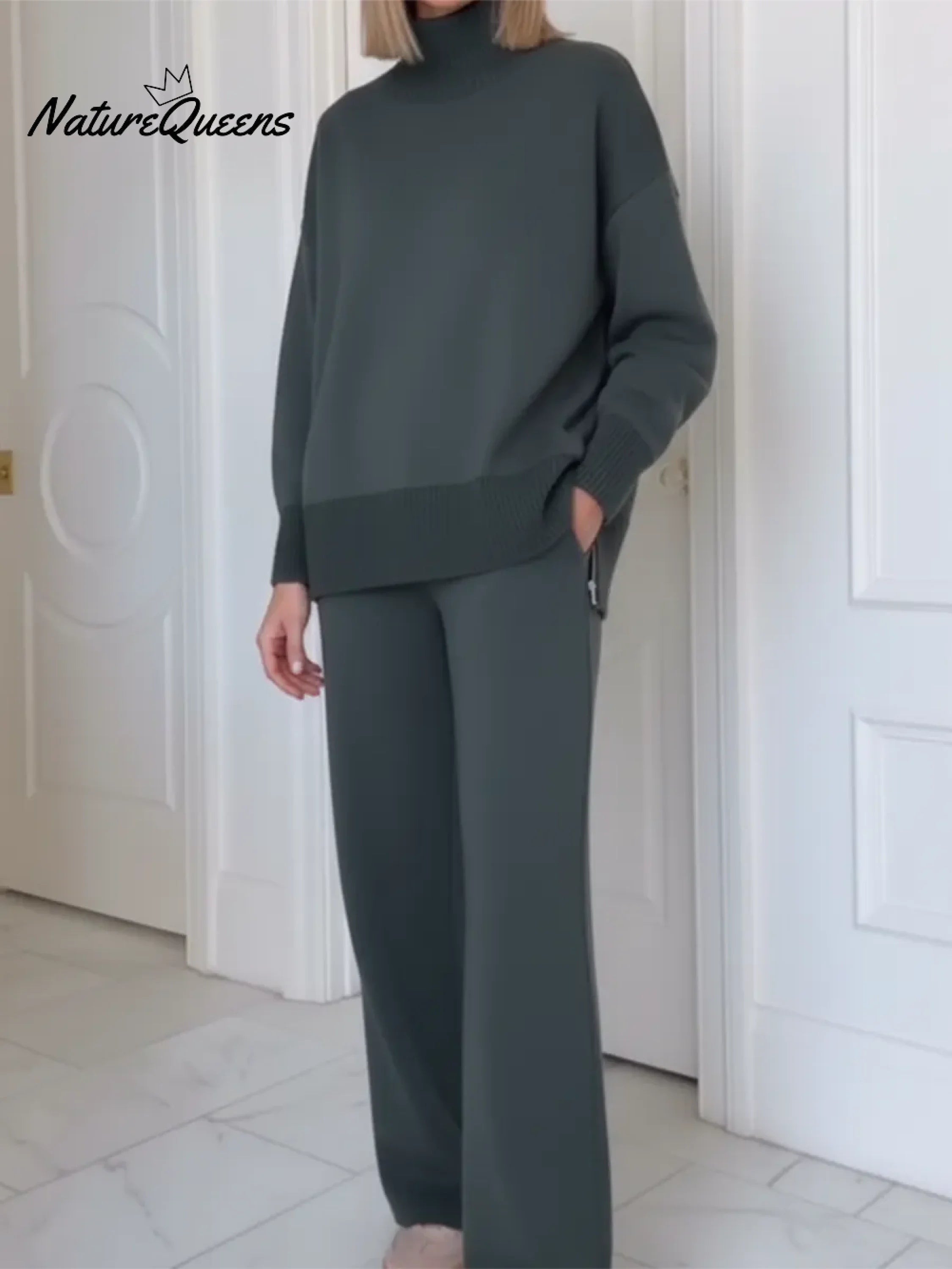 Casual Travel Stand Collar Side Zipper Top Straight Pants Two-Piece Set-blumpark
