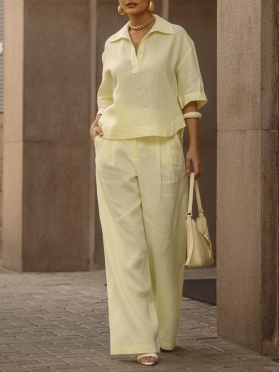 Women's Casual Linen And Cotton Shirt And Wide-leg Pants Two-piece Set-blumpark