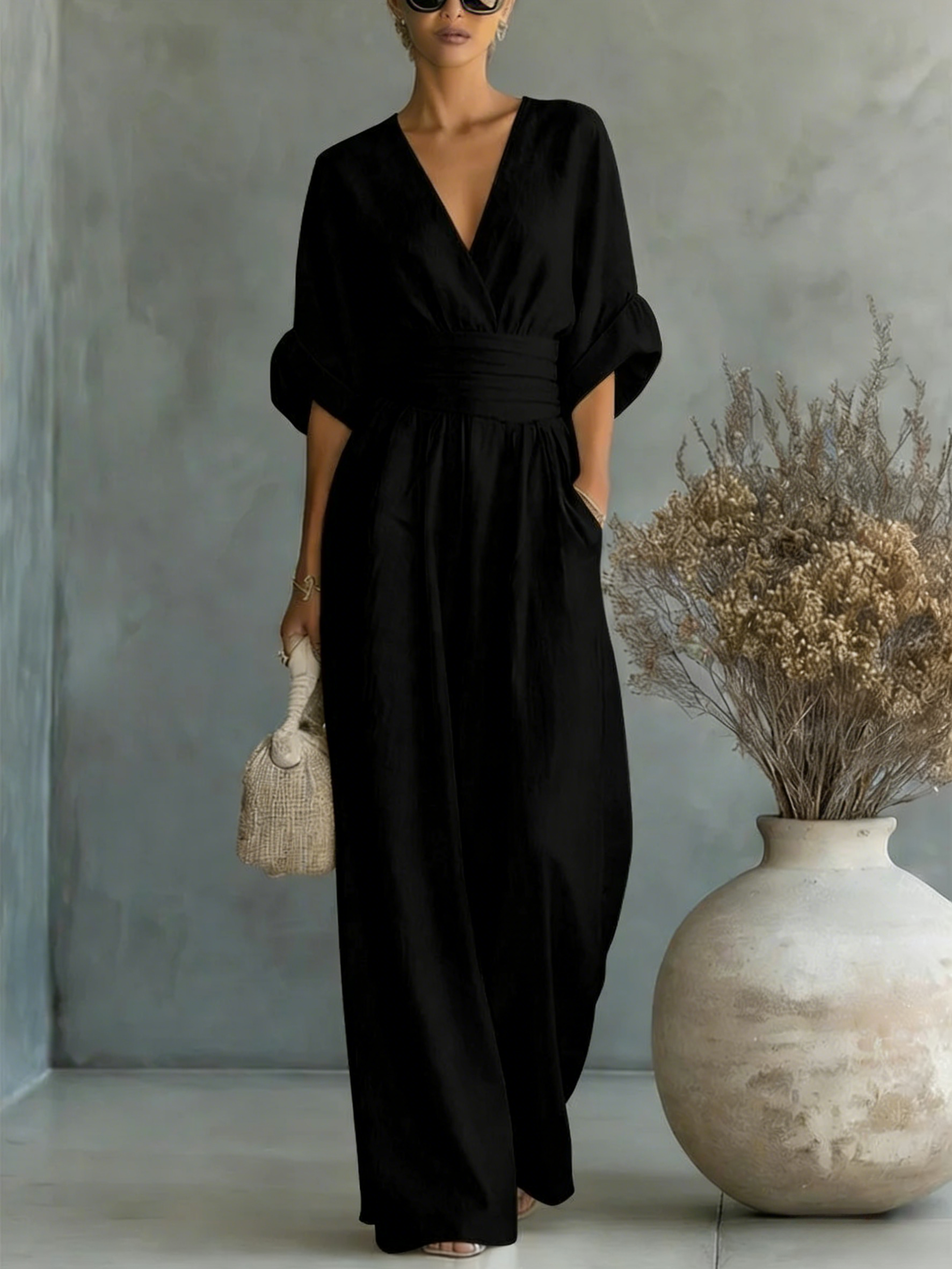 Elegant Vacation Casual Fashion V-neck Waist Jumpsuit-blumpark