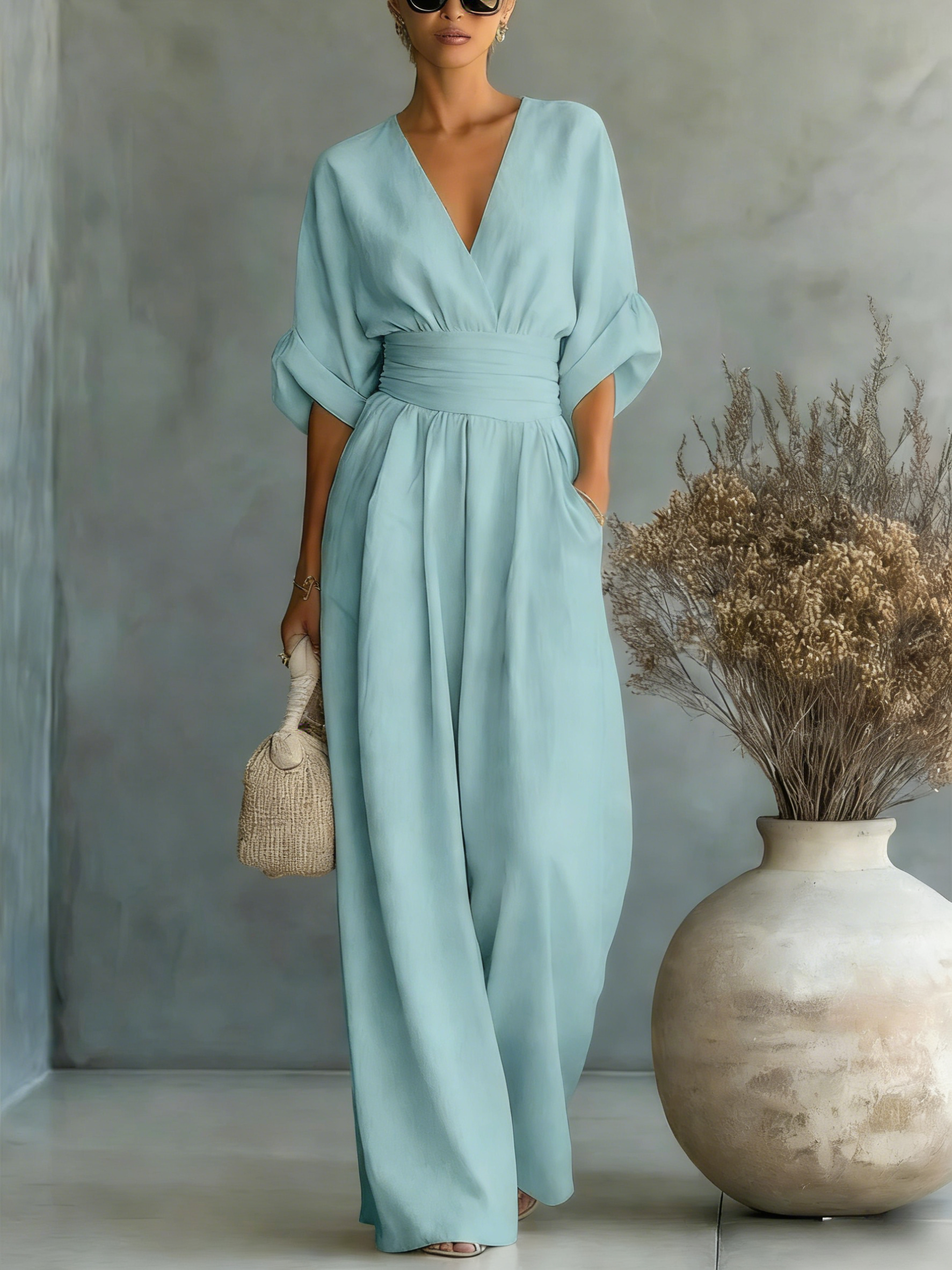 Elegant Vacation Casual Fashion V-neck Waist Jumpsuit-blumpark