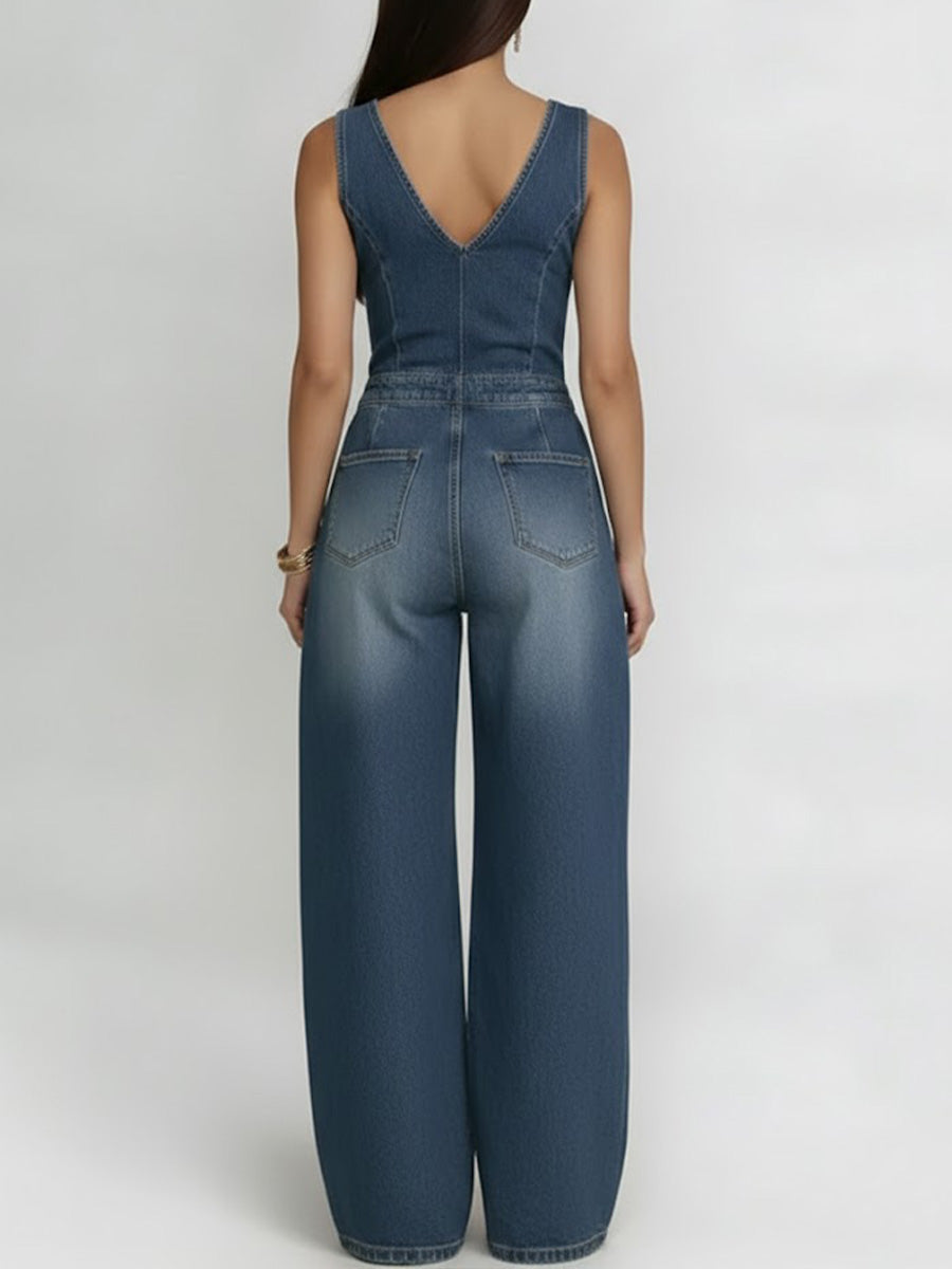 Women's V-neck Sleeveless Casual Loose Denim Wide-leg Jumpsuit-blumpark