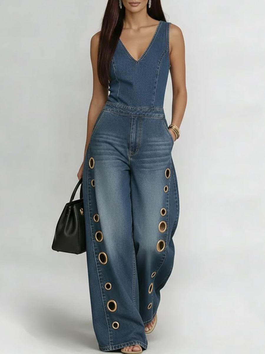 Women's V-neck Sleeveless Casual Loose Denim Wide-leg Jumpsuit-blumpark