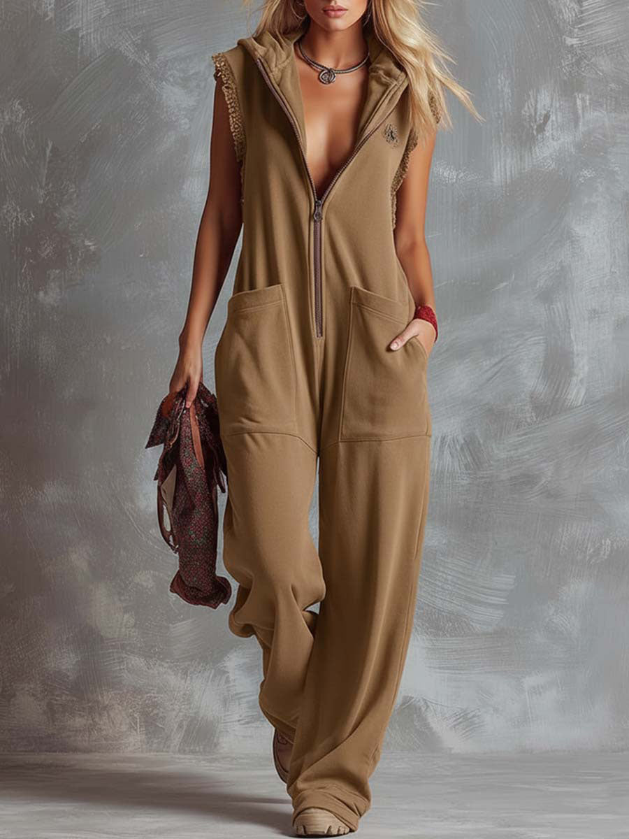 Women's Solid Color Sleeveless Casual Loose Hooded Cotton Wide-leg Jumpsuit-blumpark